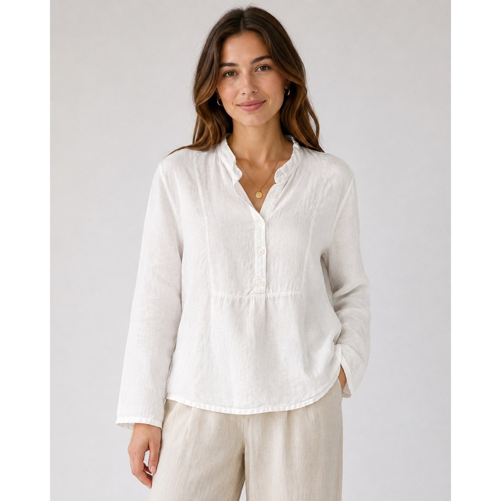 Fenini White Linen Tunic Top Womens Large Long Sleeve Button Front Blouse USA